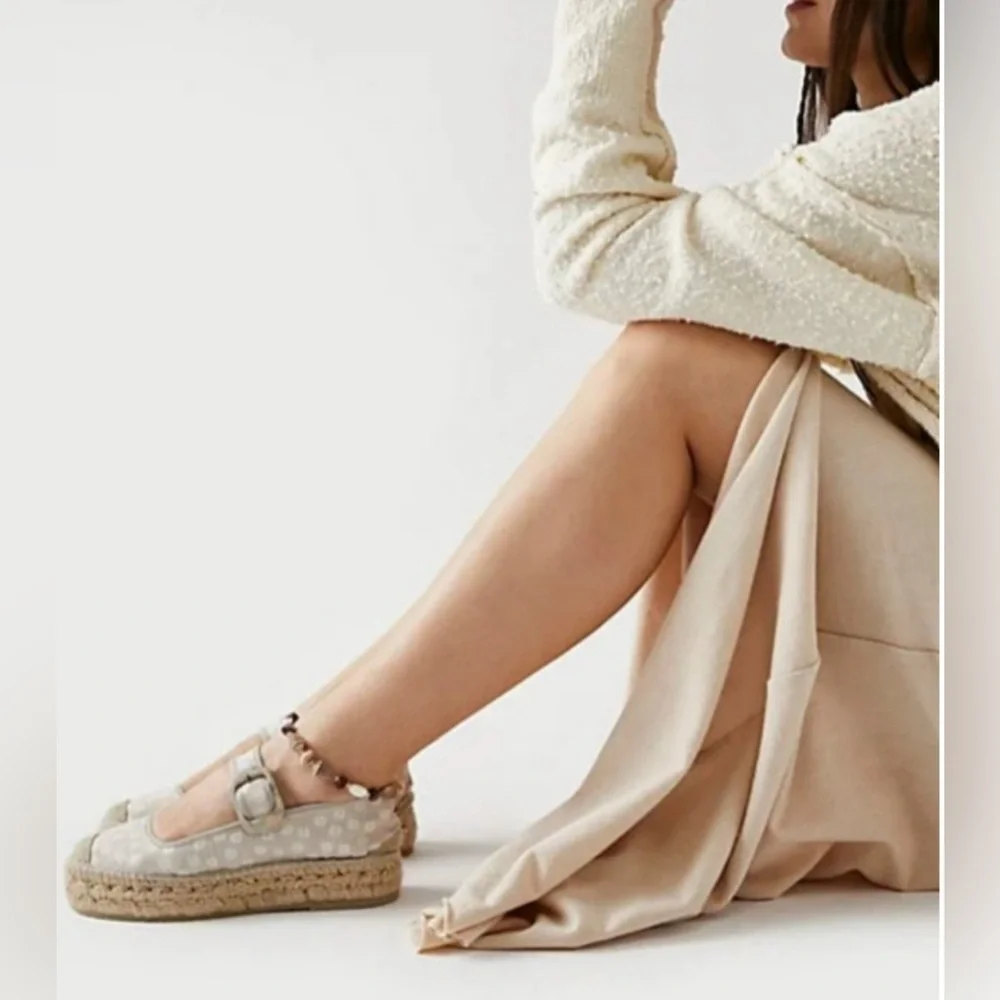 Free People Cream Espadrille Mary Janes with White Floral Embroidery